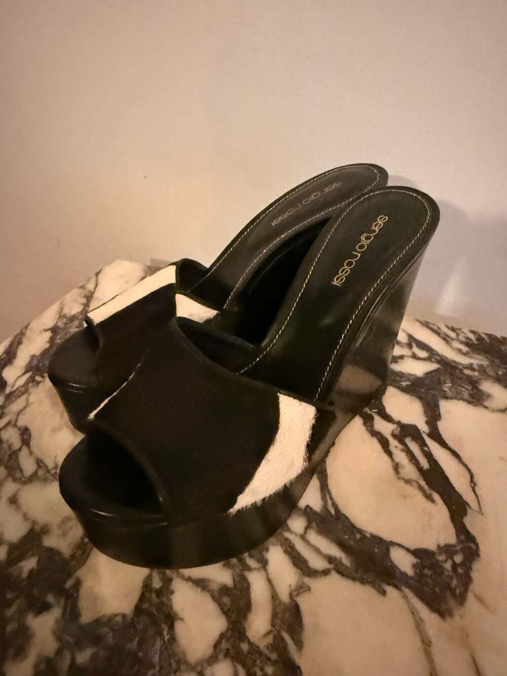 Sergio Rossi Wedge Sandals Black White Calf Hair